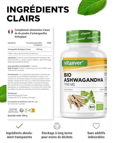 Original Organic Ashwagandha - 365 Capsules - Fortement dosé avec 1950mg par portion quotidienne - Véritable baie du sommeil indienne - Vegan