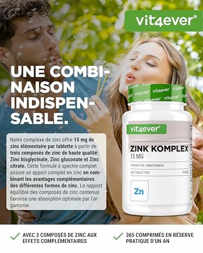 Complexe Zinc 15mg - 365 Comprimés - Avec 3 formes bioactives de zinc (bisglycinate de zinc, gluconate de zinc, citrate de zinc) - 1 an d'approvisionnement - Hautement dosé - Vegan