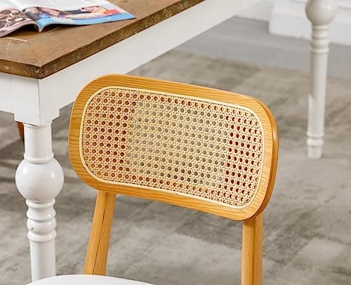 Wahson Lot de 4 Chaise de Salle à Manger en Rotin et Chaise Bois, Chaise Salle à Manger Bois Rétro avec Coussin Imperméable, Chaise de Cuisine Confortable pour Salle à Manger et Salon, Blanc