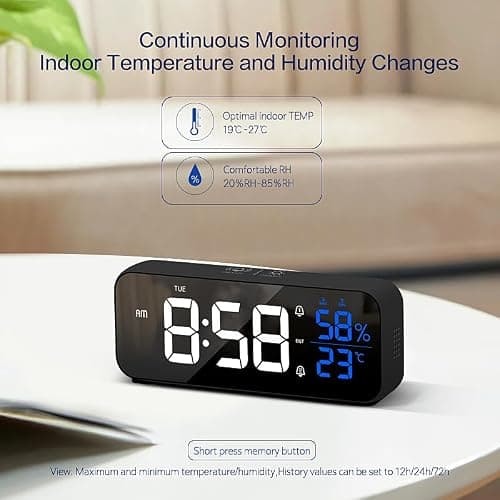 OWYELO Réveil Numérique, Horloge Numérique avec Grand écran LED, LED Horloge Digitale Réveil avec Fonction Snooze, Alarme de Miroir Portable avec Double Alarme, Charger USB, 12/24 H, Blanc