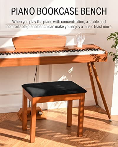 Donner Banc de Piano avec Rangement, Banc de Piano en Bois Massif avec Coussin en Daim Haute densité, Finition Bois