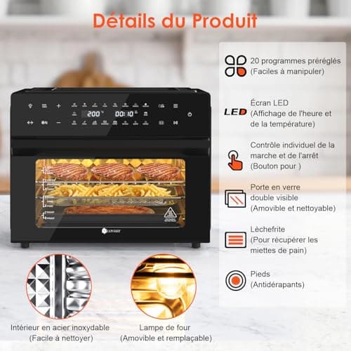 LLIVEKIT 30L Friteuse sans Huile XXL avec Tournante Rôtissoire, Air Fryer 20 Programmes et 9 Accessoires, Friteuse sans Huile avec Écran Tactile LED, Mini Four avce Livre de Recettes, 80°C-230°C