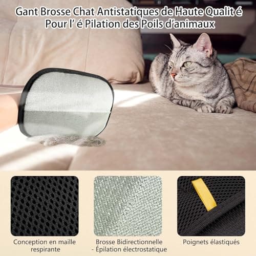 Kunoli 2 Pièces Gant Poil Chat, Double Face Brosse Poils Animaux, Réutilisable Brosse Anti Poils Animaux pour Lavage DémêLage Et Toilettage, Gant Brosse Chat pour Canapé Meubles Tapis Siège Auto