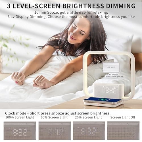 RETEYUNG Lampe de Chevet avec Chargeur Sans Fil 10w, 2 Réveils, Lumière De réVeil, 10 Sons Apaisants, Variateur Tactile, Réveil Lever de Soleil, Lampes de Chevet 3 Niveaux de Luminosité