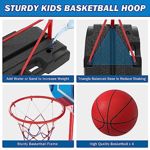 HYES Panier de Basket Exterieur Panier Basket Enfant, Réglable Hauteur Basket Interieur avec Pompe et 4 Ballon pour Jeux Exterieur Enfants