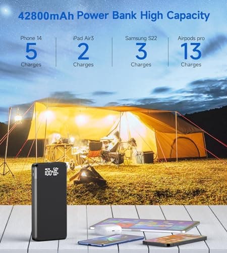 Batterie Externe 42800 mAh: PD 25W Power Bank à Chargement Rapide Portable Chargeur USB C avec Grande Capacité et Lampe de Poche & Display LED, 3 Sorties et 3 entrées pour Smartphones (Noir)