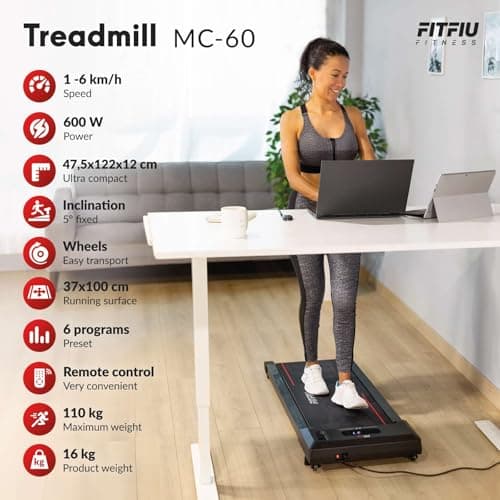 FITFIU Fitness MC-60 Tapis de Course et de Marche pour Dessous de Bureau 6 km/h, Inclinaison Fixe de 5o, Surface de 36 x 100 cm, télécommande, Poids Max 110 kg, pour Marche et Jogging