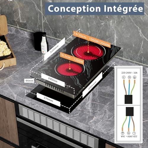 Hobsir Plaque Vitrocéramique 2 Feux, Plaque de Cuisson électrique Encastrable 29cm, Verre Céramique Texturé Marbré, 3200Watts, Commande Tactile, Zone à Double Anneau, Pas de Prise