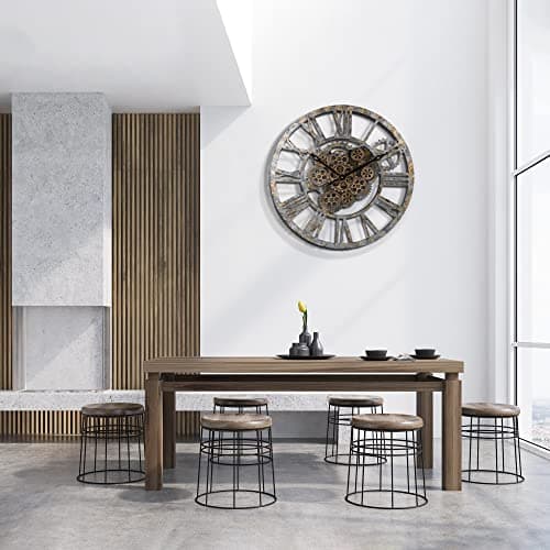 Lafocuse Horloge Murale Geante avec Engrenages Mobiles, Marron Industrielle Bois, Steampunk XXL Vintage Pendule Murale Retro, Chiffres Romains 57cm pour Salon Bar Bureau