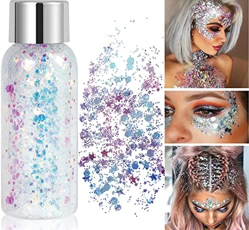Paillettes Visage, Paillette Maquillage Festival Gel, Chunky Paillette Cheveux Gel, Glitter Body Makeup Pour Musical/Party/Masquerade/Visage/Corps (Blanc)