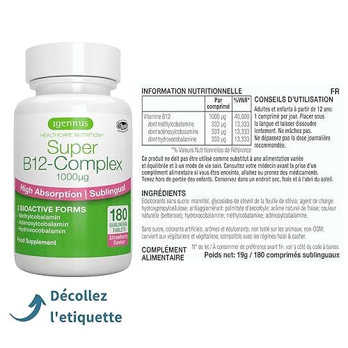 Vitamine B12 1000 mcg Sublinguale avec Adénosylcobalamine et Méthycobalamine, Haute Absorption, Sans Sucre, Arôme Naturel de Fraise & Vegan, 180 Petits Comprimés – par Igennus