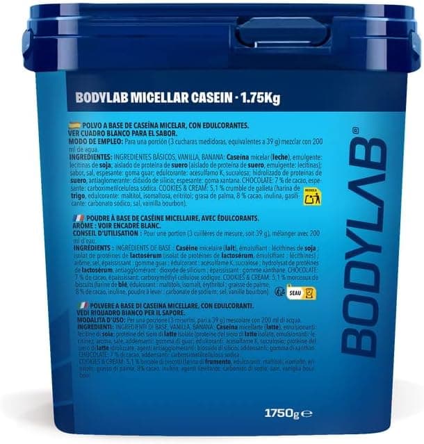 Bodylab24 Casein Micellar Banane 1750g, 100% caséine pure, riche en acides aminés BCAA, longue sensation de satiété, favorise la construction musculaire, idéal pendant un régime protéiné