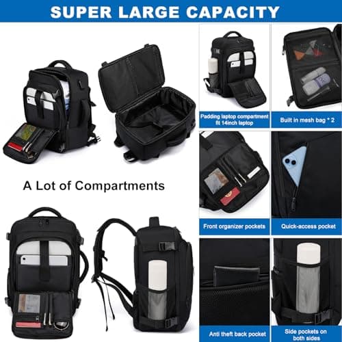 Bagage Cabine 40x20x25 pour Ryanair Sac à Dos Voyage Cabine Avion 20L Sous Siège Bagage à Main Petit Sac de Voyage avec USB Charging Port Sac à Dos Ordinateur Portable 14 Pouces Homme Femme Noir