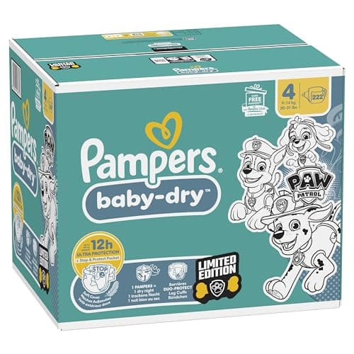 Pampers Baby-Dry, Taille 4, 222 Couches, 9-14kg, A La Rescousse Contre Les Fuites Grâce A Une Protection Intégrale Jusqu'à 12h, Edition Limitée avec La Pat’Patrouille, Pack 1 Mois