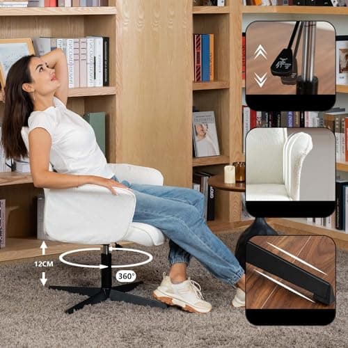 Meuble Cosy Fauteuil de Bureau Chaise de Coiffeuse Ergonomique Siège Pivotant Hauteur Réglable avec Accoudoir en Bouclette sans roulettes Jambes Croisées Capacité 120 kg Blanc
