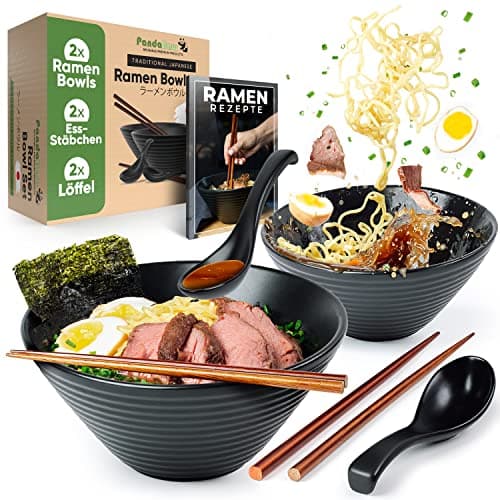 PandaBaw 2x Bol Ramen Japonais 1000ml [CERAMIQUE] - Set de Bol a Ramen de Haute Qualité - Japanese Ramen Bowl Set - Vaisselle Japonaise Traditionnelle avec Bol Soupe, Cuillère, Baguettes [+RECETTES]