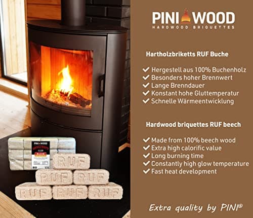 PINI Briquettes de bois 100 % hêtre dur RUF cheminée, poêle, barbecue, foyer, bois de chauffage, 20 kg