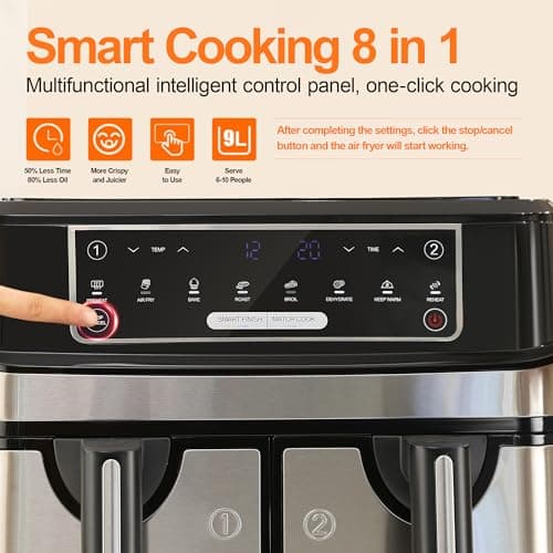 Air Fryer avec Double Compartiment, Emphsism Friteuse Sans Huile 9L Avec 8 Programmes 2600W, Friteuse à Air Chaud, Fonctions Match Cook & Smart Finish, Friteuse Electrique avec LED Écran Tactile