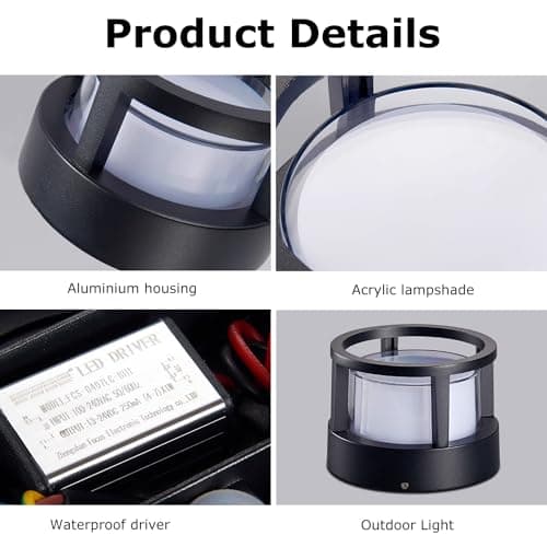 FREEUP Borne Éclairage Extérieur, 15W LED Lampe de Jardin Exterieur Ronde Ip65 Lampadaire Exterieur en Aluminium, Blanc Chaud, Borne Lumineuse Exterieure, Pour Chemins Terrasse, Noir