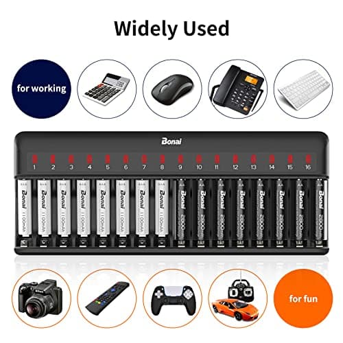 BONAI Chargeur Piles Rechargeable Rapide, 16 Slots Rechargeable Chargeur Piles pour AA AAA Ni-MH Ni-CD avec lumière LED et Câble de Charge AC, Contrôle Indépendant, Chargeurs intelligents