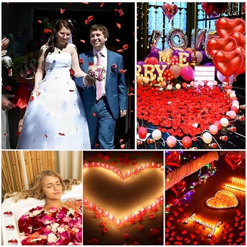 Bougies Romantiques et Pétales,Saint Valentin Décoration,50 Bougies en Forme de Coeur+10 Ballons Coeur Rouges+1000 Pétales de Rose Rouges en Soie,pour Mariage Saint Valentin D'anniversaire Fiançailles
