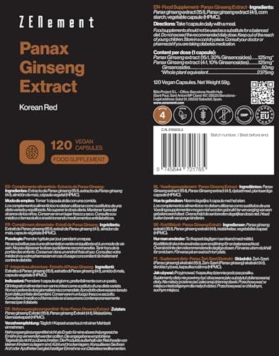 Panax Ginseng Rouge - 120 Gélules - Haut dosage 2375 mg/j - Avec 30% de Ginsenosides - Testé en laboratoire - Végan, Sans additifs - Zenement