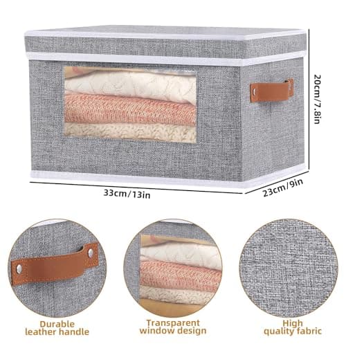 OUTBROS Boîte de Rangement, 33x23x20 cm Boîte avec Couvercle, avec Fenêtre Transparente, Panier en Tissu Pliable, Armoire Panier de Rangement, Gris, Paquet de 1