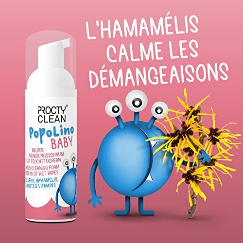ProctyClean PopoLino Baby Mousse nettoyante douce au lieu de lingettes humides. Rend les fesses et l'environnement heureux avec aloe vera, hamamelis, begamotte et vitamine E