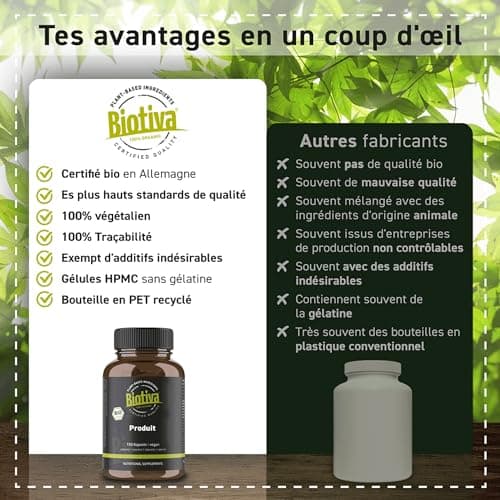 Gélules de brahmi Bio - 150 Gélules - 500mg par capsule - Bacopa Monnieri - Hysope d?eau - Végan - Garanti sans additifs - Conditionné et contrôlé en Allemagne - Biotiva