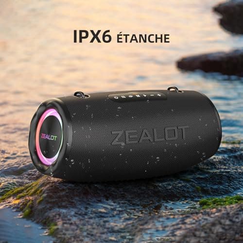 ZEALOT Enceinte Bluetooth, 80W Haut - Parleur Bluetooth avec Boost Bass, étanche ipx6, lumière LED, Banque d'alimentation, Bluetooth 5.2, extérieur, Camping Haut - Parleur Bluetooth