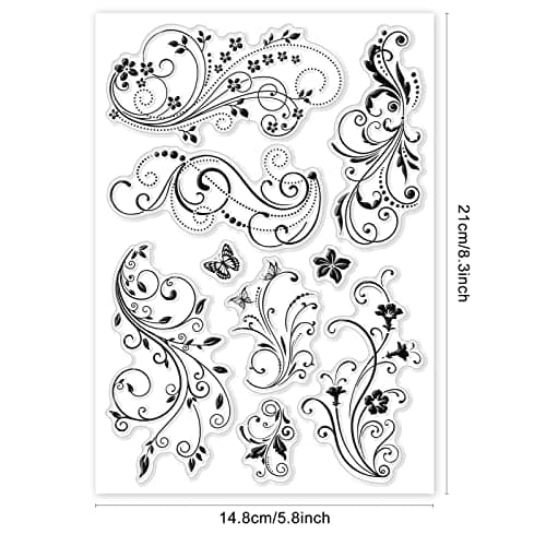 GLOBLELAND Fleur de Vigne Dentelle Tampons Transparents Décoratifs Flourish Papillon Silicone Transparent Timbre Joints pour la Fabrication de Cartes DIY Scrapbooking, 21x14.8cm/8.3x5.8inch