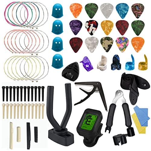 Kit Accessoire Guitare,TTCR-II 78 Pièces avec Support Guitare,Capodastre Guitare,15 Mediator Guitare,3 set Cordes Guitare Acoustique,Accordeur de Guitare,Enrouleur de Cordes,Sangle de Guitare etc....