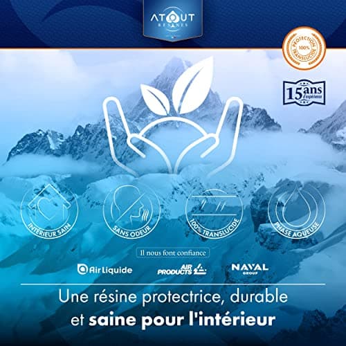 Résine polyuréthane SATIN 750ML mono- composant, incolore, vernis, vitrificateur, protection polyvalente, multi-usages et son rouleau adapté à la bonne application de la résine.