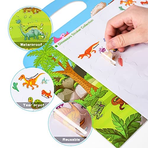 FORMIZON Cahier D'autocollants, Lot de 4 Livres D'autocollants Réutilisables pour Enfants, Animaux de L'océan et Dinosaures Livres D'autocollants Amovibles pour Tout-Petits, pour 2 à 6 Ans