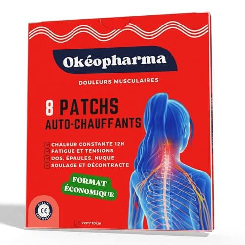 Patch Chauffant Okéopharma - adhésifs - Décontractant Musculaire Efficace pour dos, épaules, Nuque - Chaleur Confortable et Constante 12h - Pansement naturel à base de Camphre - Format économique