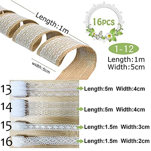 16 Pièces Ruban Dentelle,25M Toile Jute,Ruban Toil Jute,12M Ruban en Jute et 13M Dentelle,Rouleau de Jute,Ruban de Jute Naturel,Ruban Cadeau,Ruban Dentel pour Cadeaux Bricolage Deco Mariage Champetre