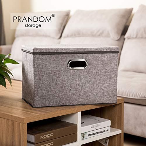 Prandom Grand bac de rangement pliable avec couvercle [1-Pack] Boîte de rangement décorative en tissu de lin Panier Cube avec poignées (45 x 30 x 30 cm)