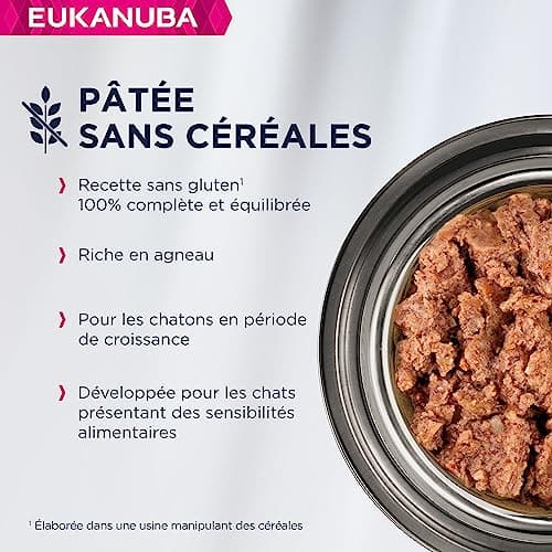 EUKANUBA Grain Free pour Chaton - Pâtée Premium SANS CEREALES – Sans gluten – Faible teneur en graisses - Riche en Agneau et enrichie en Taurine – 12 barquettes aluminium de 85 g