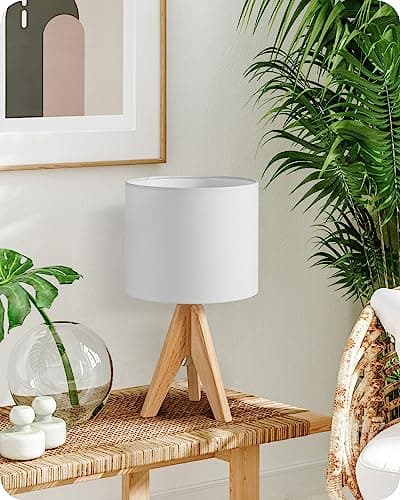 EDISHINE Lampe de Chevet Lot de 2, E27 Douille, Trépied Vintage, Ampoule Incluse, 36 x 20 x 20 cm, Lampe de Table en Bois pour Chambre à Coucher, Salon, Hôtel, Abat-jour en Lin Blanc