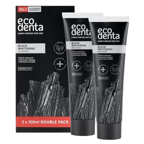 Ecodenta Dentifrice au Charbon Actif Dents Blanches Sans Fluor 2 Pack I Dentifrice au Charbon Noir Blanchiment des Dents I Dentifrice Blanchissant les Dents au Charbon Actif Noir 2x 100ml