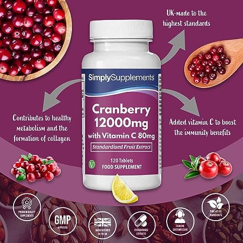 Canneberge 12000mg et Vitamine C 80mg | 120 Comprimés | Adapté aux Végétaliens | Jusqu’à 2 mois de Bienfaits| SimplySupplements