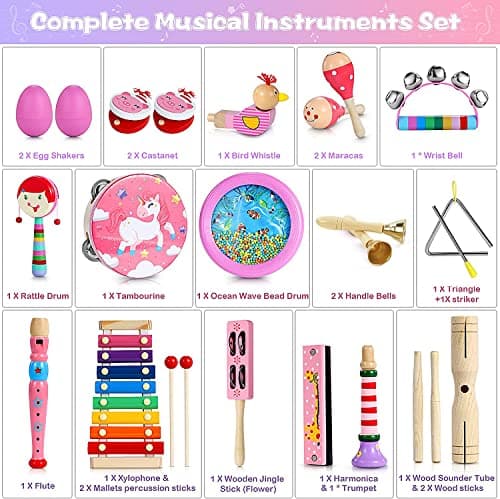 Jojoin 25PCS Instrument de Musique Enfant, Rose Percussion en Bois pour Bébé avec Xylophone, Tambourin, Ocean Wave Bead Drum, Jouet en Bois Musique, Jouets Musicaux avec Sac de Transport, 3+ Ans