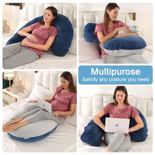 Coussin de Grossesse pour Dormir, Oreiller de Grossesse pour Femme Enceinte en Forme de J Support Coussin d'allaitement et Coussin de Maternité avec Housse Lavable et Remplable, Velours Bleu Gris
