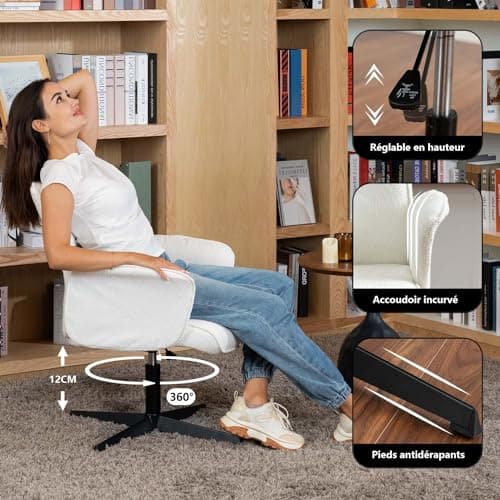 MEUBLE COSY Chaise de Bureau Fauteuil Coiffeuse Chambre Ergonomique Siège Pivotant Hauteur Réglable avec Accoudoir en Bouclette sans roulettes Capacité 120 kg Blanc, 66x63x82-94cm