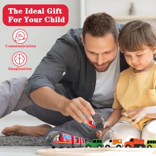 LiRiQi Train de locomotives à Piles, Ensemble de Jouets Magnétique de Train électrique, Montessori Train en Bois, Compatible avec Thomas, Brio, Jouet pour Tout-Petits Enfants garçon, Rouge