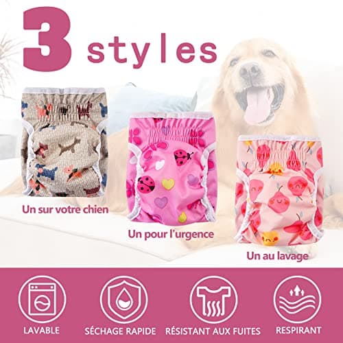 COMSLE Couche pour Chien Femelle Lavable (Lot de 3), Réutilisables Culottes Hygiéniques Très Absorbantes Chiennes Chaleurs, Culotte pour Chien Femelle en Chaleur et Incontinentes, Fleurs Roses XS