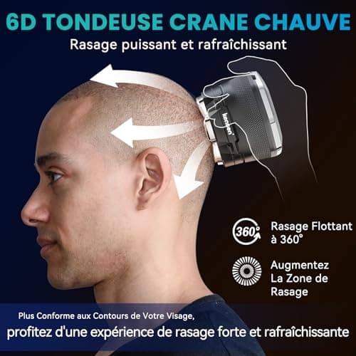 Kensen Rasoir Tete Chauve Homme 6D Rasoir Electriques Hommes Cheveux Rasoir Crane Homme Chauve IPX6 Étanche Tondeuse Crane Chauve Rotatives avec Écran LED Type-C Utilisation sans Fil 160mins Wet & Dry