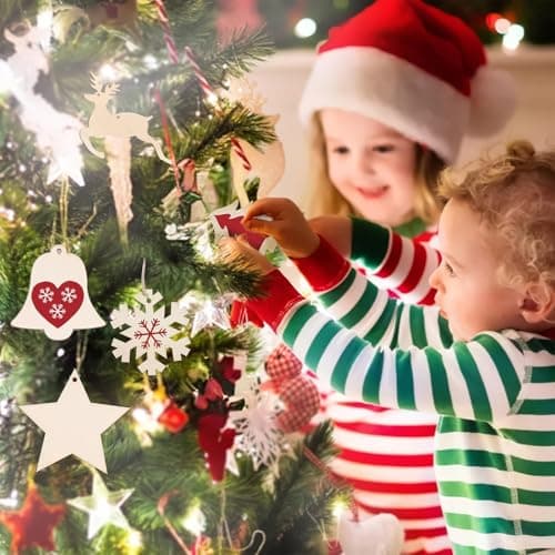 JCUGSBS Lot de 24 décorations de Noël en bois DIY Décoration de Noël en bois Décoration de Noël Sock Bonhomme de neige élan Arbre de Noël Ange à peindre et décorer