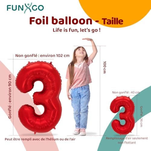 FUNXGO® Ballon decoration anniversaire 3 ans - Lot de 2 - Ballons Numéro 3 en Rouge - deco anniversaire 3 ans fille ou garcon - Gonflables à l'Hélium - Happy Birthday Decoration - Rouge Chiffre 3