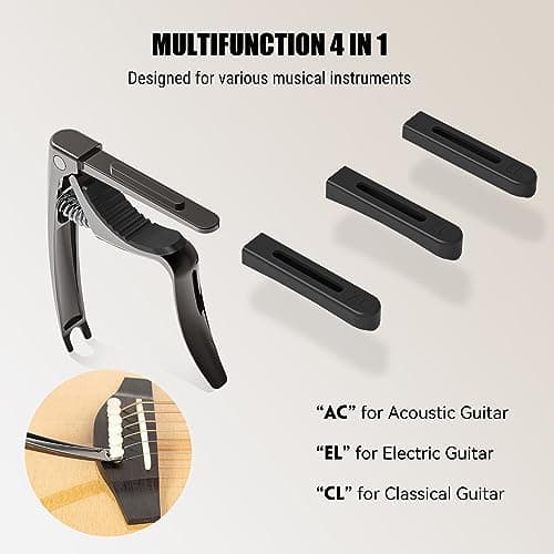 Linrax C3 Capodastre Guitare, Capo de Guitare 4 en 1 avec Extracteur de Goupille de Chevalet, Capo pour Guitare Basse Ukulélé Banjo Mandoline, 3 Têtes de Silicone, Accessoires de Guitare, Chrome Noir